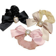 Korean Solid Fabric Pearl Bow Knot Scrunchies Hair Tie Elastic Band Ring Cute Girl Ponytail Head Rope Rubber